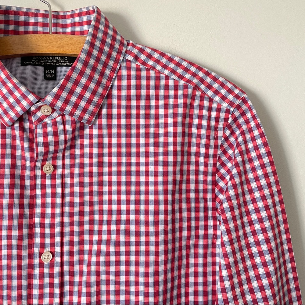 BANANA REPUBLIC Preppy Tailored Slim Fit Non-Iron Gingham Button Dress Shirt Red